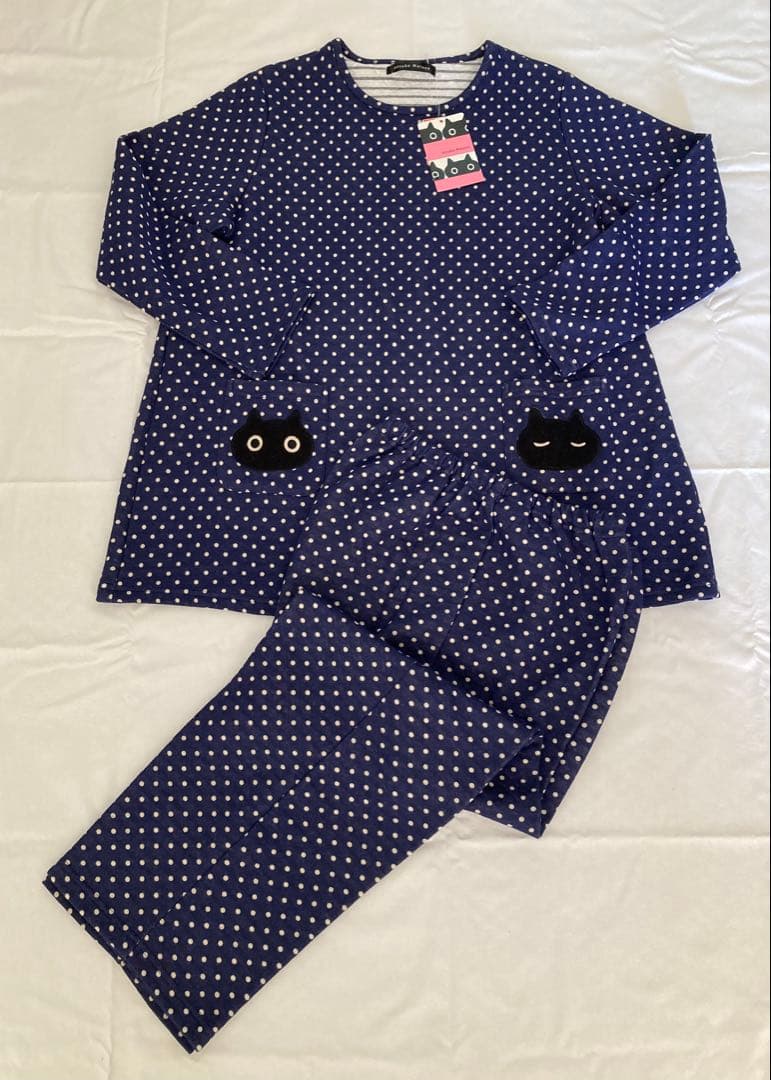 タグ付 新品★アツコマタノ パジャマ Lサイズ☆ネコ 水玉 ネイビー★ワコール