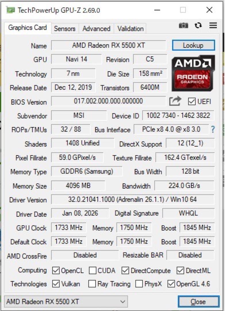 動作確認済み　MSI RADEON RX5500XT MECH 4G OC