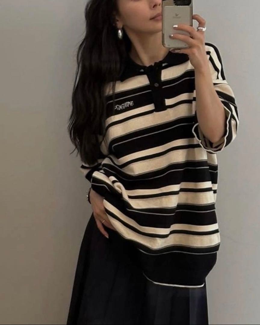 トップス Ameri MULTI BORDER LOGO KNIT POLO TOP