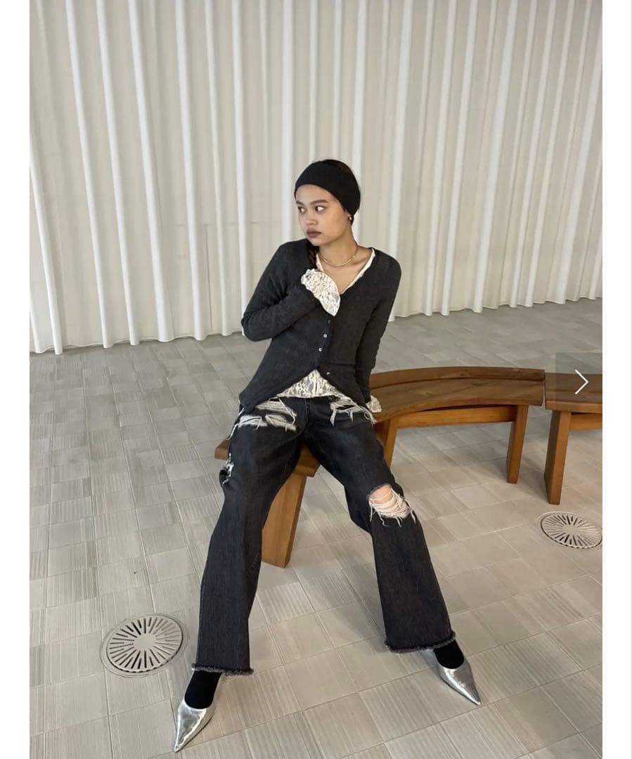 UND PIN TUCK LACE LIKE KNIT TOP グレー