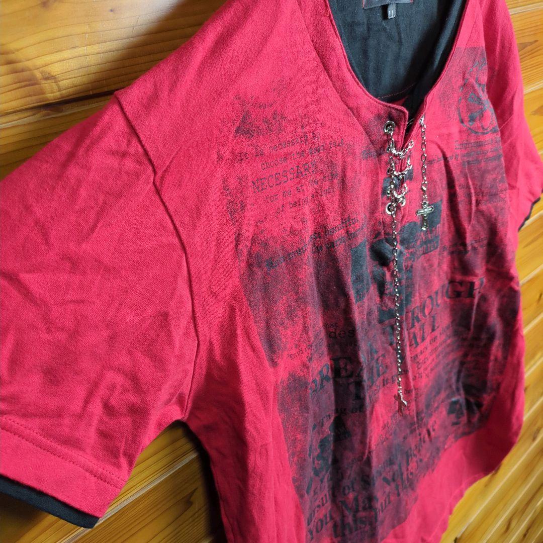 半袖Tシャツ　フェイクレイヤード　重ね着風　ロック　骸骨　ドクロ　十字架　XL