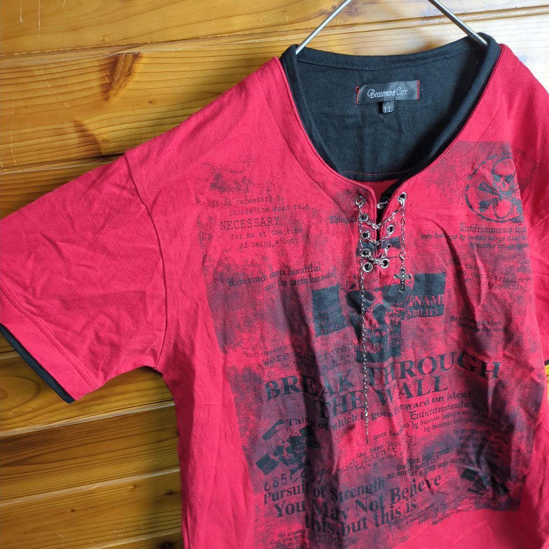 半袖Tシャツ　フェイクレイヤード　重ね着風　ロック　骸骨　ドクロ　十字架　XL