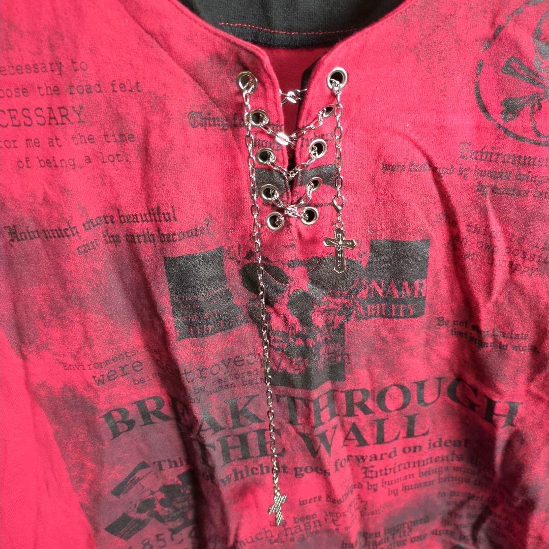 半袖Tシャツ　フェイクレイヤード　重ね着風　ロック　骸骨　ドクロ　十字架　XL