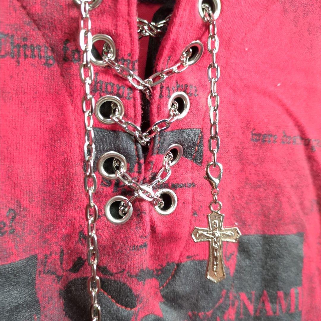 半袖Tシャツ　フェイクレイヤード　重ね着風　ロック　骸骨　ドクロ　十字架　XL