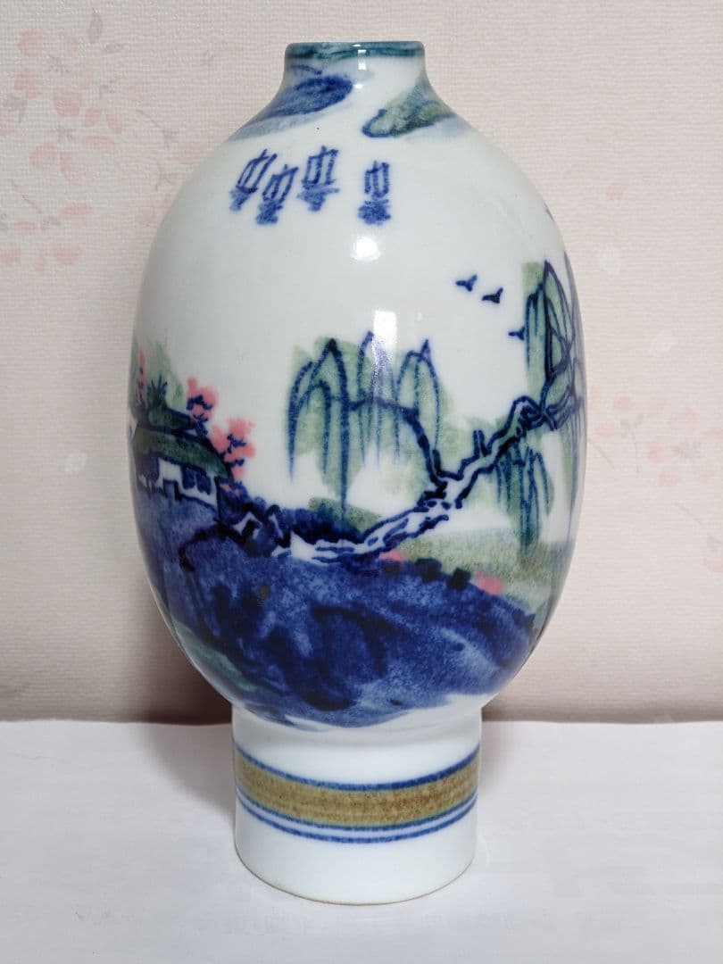 ♦中国陶磁？景徳鎮 染付色絵 漢詩 山水図 瓶 コレクション 骨董品アンティーク