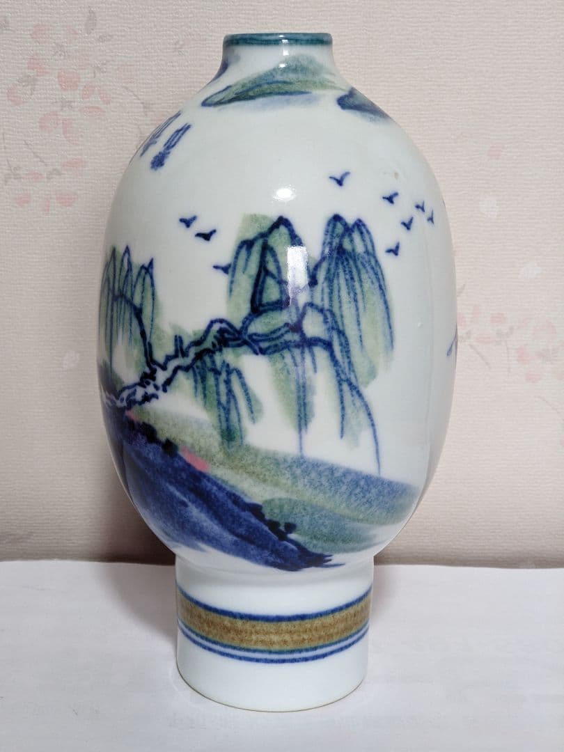 ♦中国陶磁？景徳鎮 染付色絵 漢詩 山水図 瓶 コレクション 骨董品アンティーク