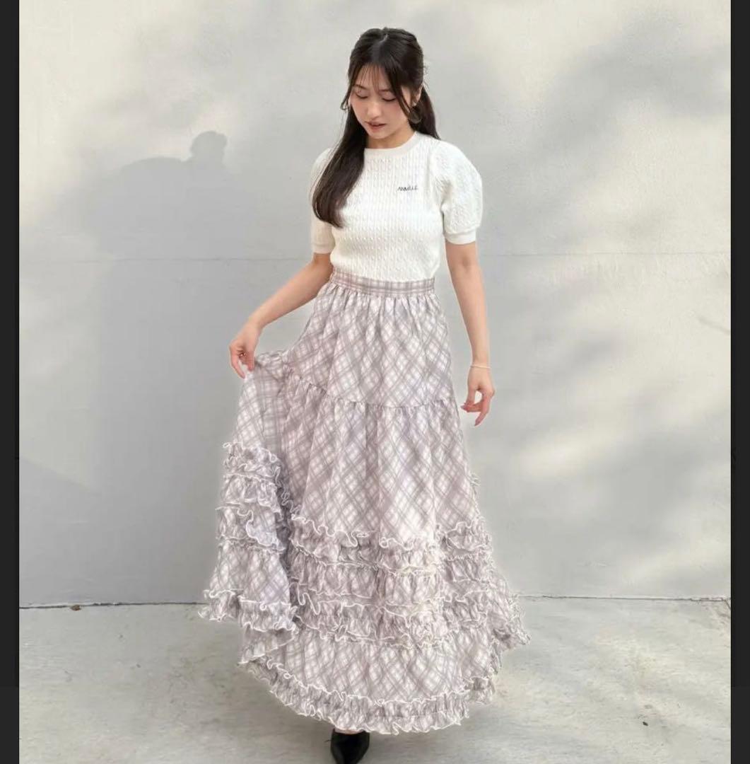anmille アンミール　ギャザーボリュームスカート　ブラウン　チェック　美品