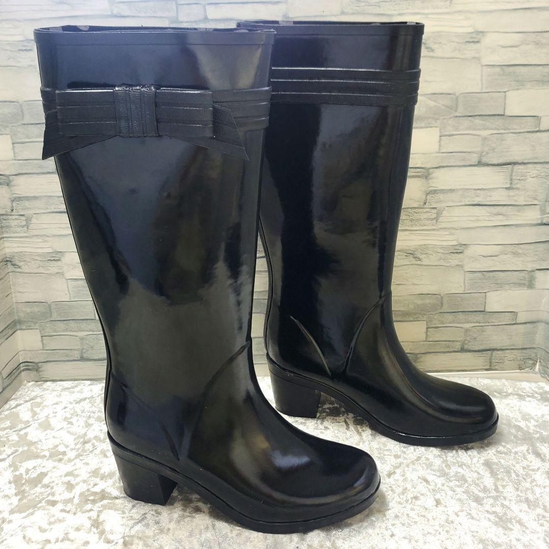 【美品】✨kate spade 24cm レインブーツ 黒 リボン 水玉 7