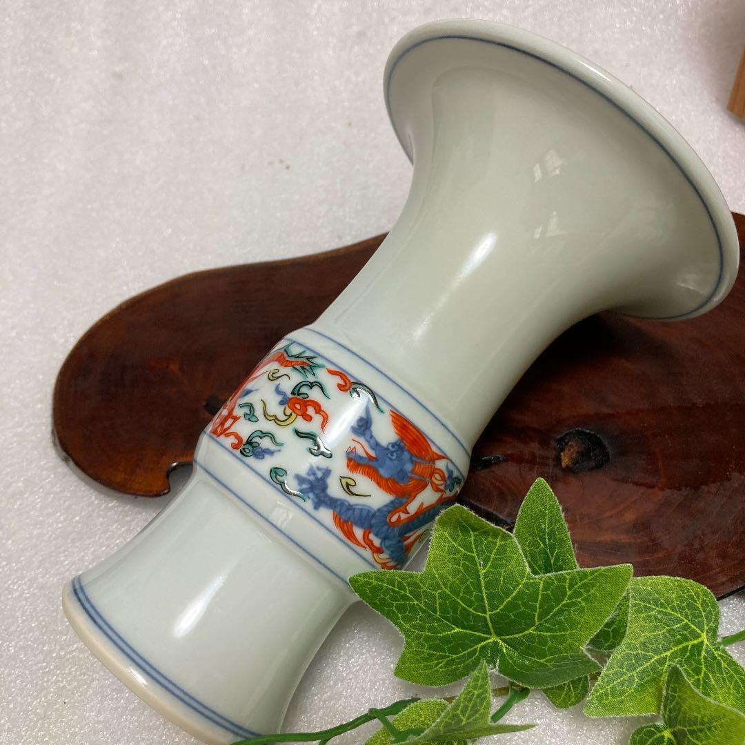 未使用　京焼　六峯　茶道具　尊式花生　色絵双龍壺　花瓶　花入れ　茶道