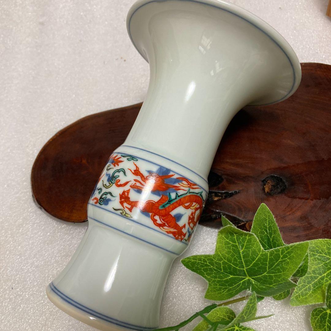 未使用　京焼　六峯　茶道具　尊式花生　色絵双龍壺　花瓶　花入れ　茶道