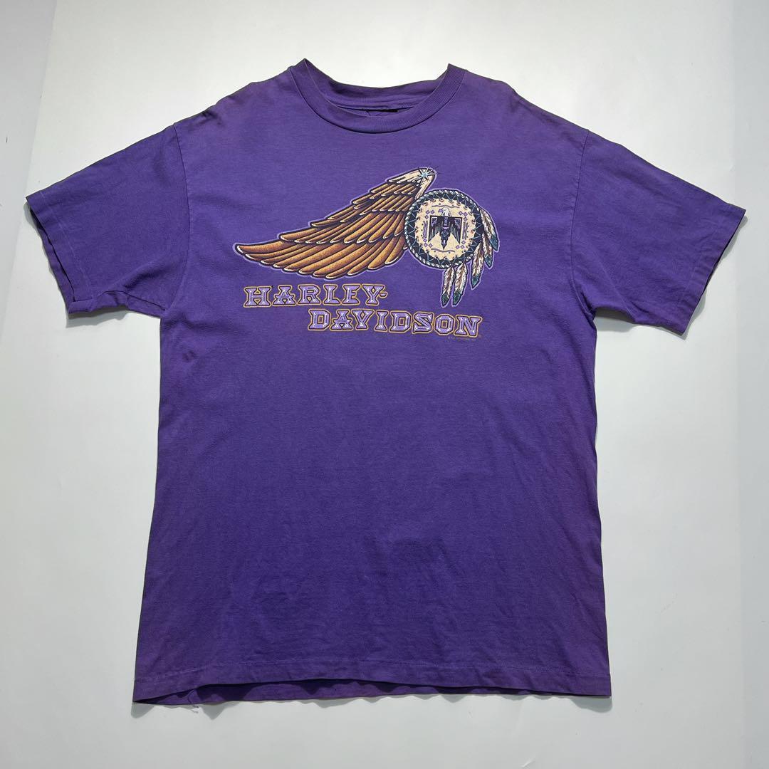 90s ハーレーダビットソン ビンテージTシャツ L相当 紫 ネイティブ6924