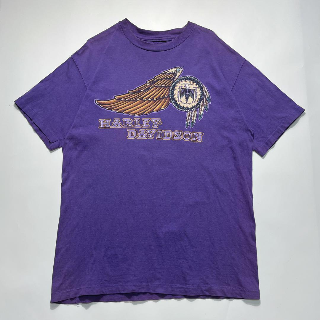 90s ハーレーダビットソン ビンテージTシャツ L相当 紫 ネイティブ6924