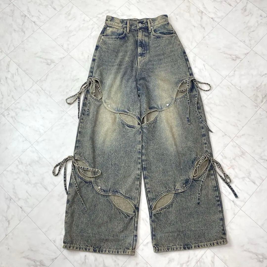美品✨EMODA カットアウトルーズジーンズ　S リボン