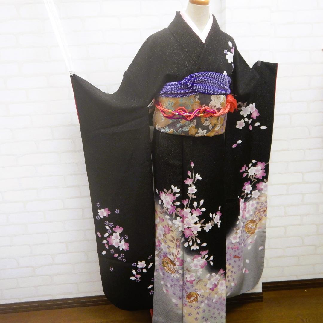 和44　振袖セット　成人式　（桜・鈴・黒地ラメ入り）　160.-165cm前後