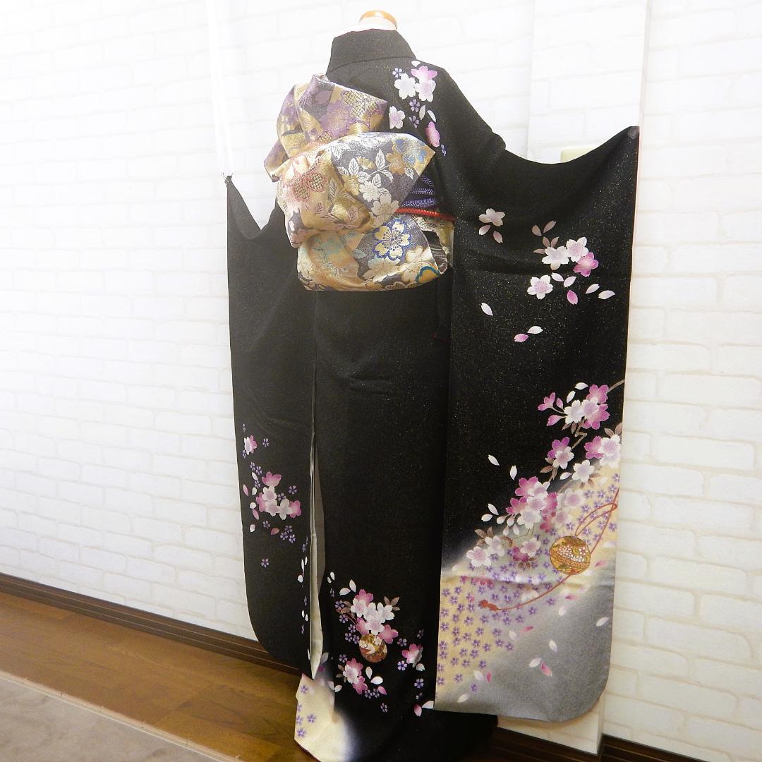 和44　振袖セット　成人式　（桜・鈴・黒地ラメ入り）　160.-165cm前後