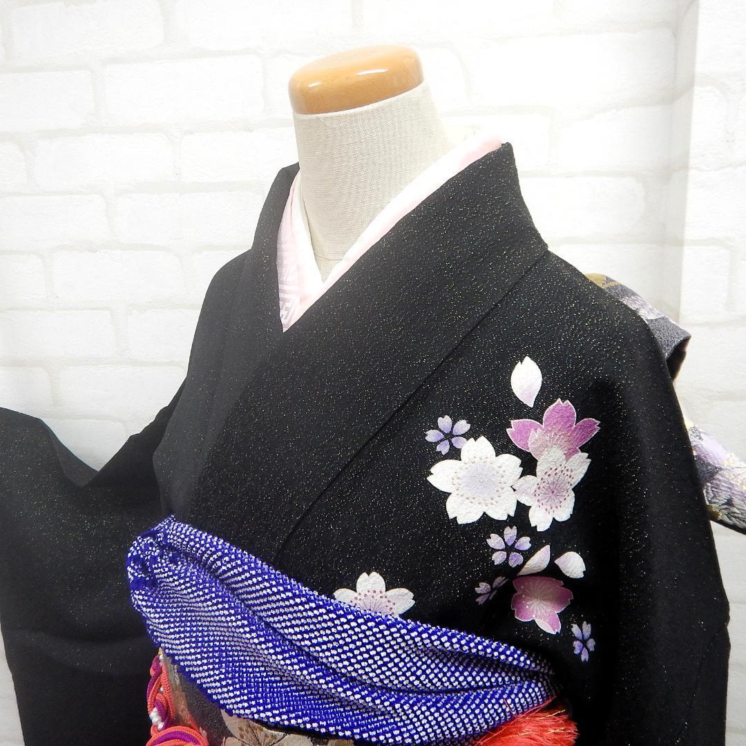 和44　振袖セット　成人式　（桜・鈴・黒地ラメ入り）　160.-165cm前後