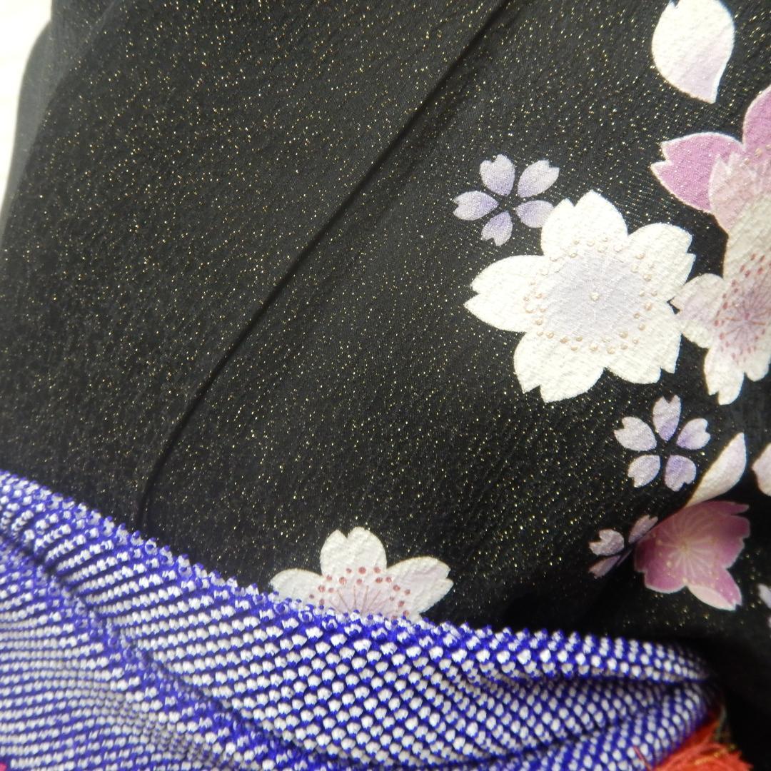 和44　振袖セット　成人式　（桜・鈴・黒地ラメ入り）　160.-165cm前後