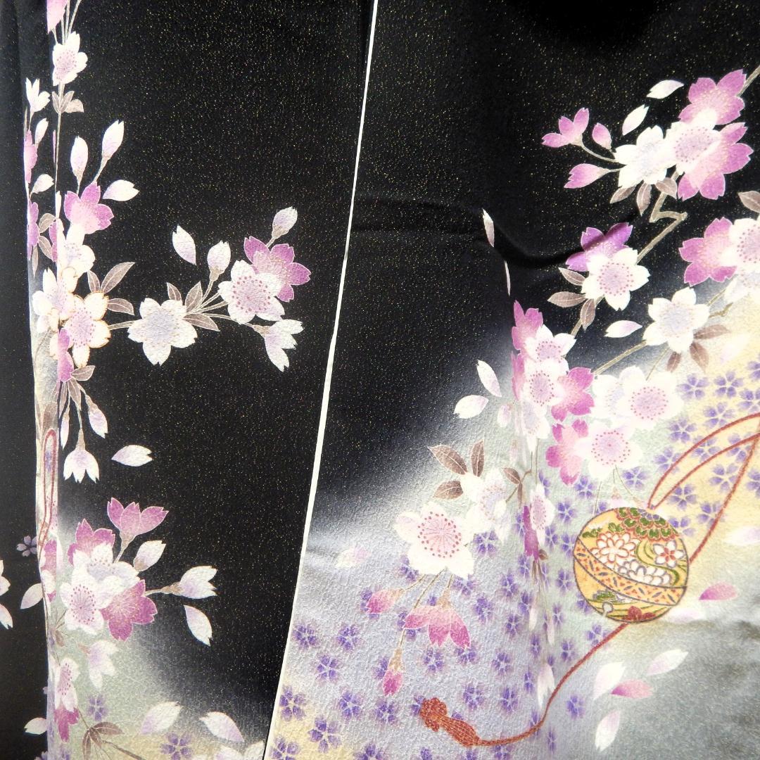 和44　振袖セット　成人式　（桜・鈴・黒地ラメ入り）　160.-165cm前後