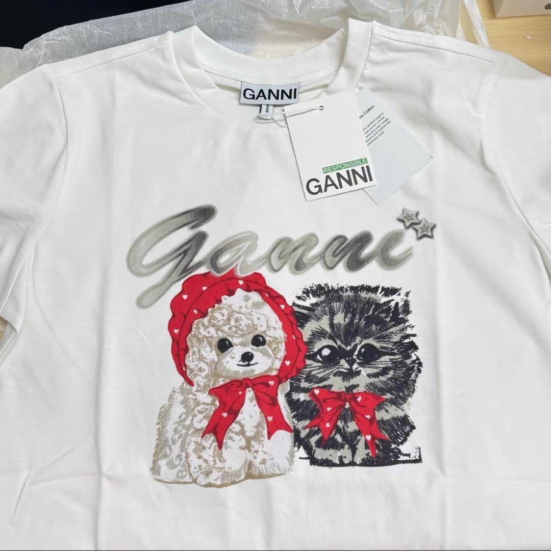 Ganni 犬と猫のイラスト Tシャツ