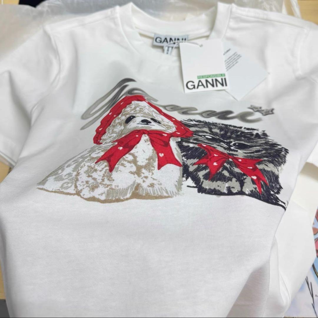 Ganni 犬と猫のイラスト Tシャツ