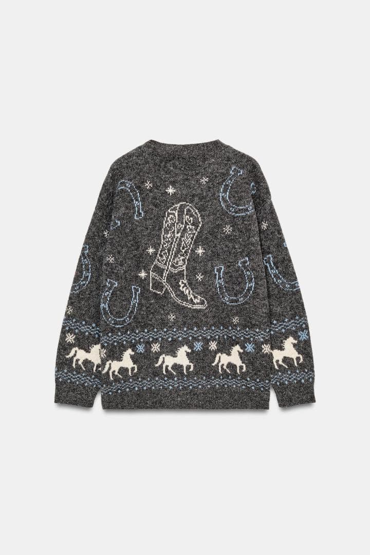 ZARA ジャカードニットボタンカーディガン S 馬柄セーター