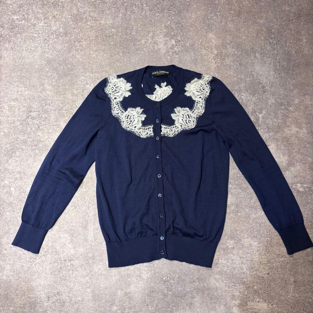DOLCE & GABBANA カシミヤ シルク カーディガン レース刺繍 紺