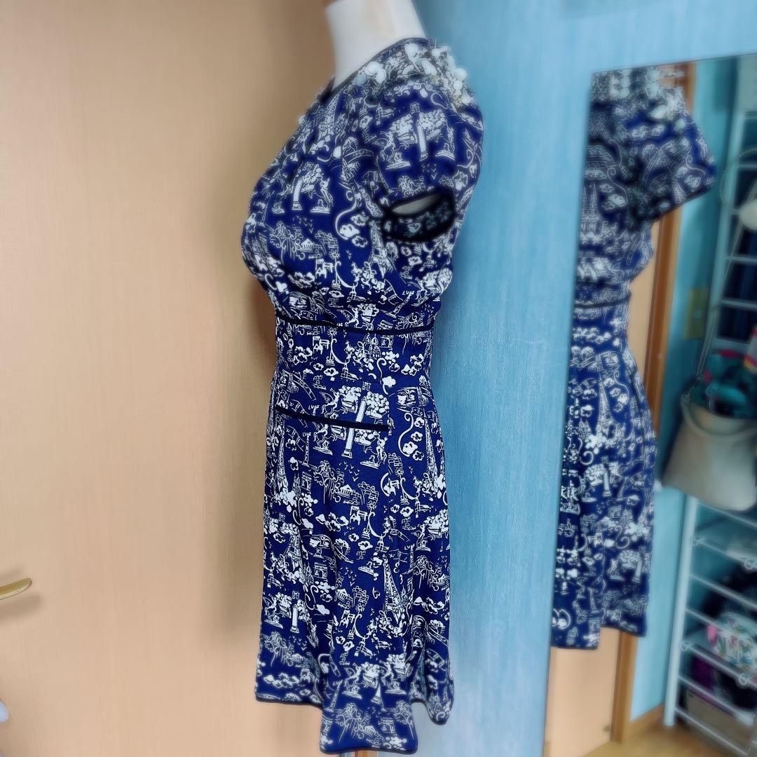 正規品　美品　ルイヴィトン　柄ネイビー　ビジュー　半袖　ワンピース　美シルエット