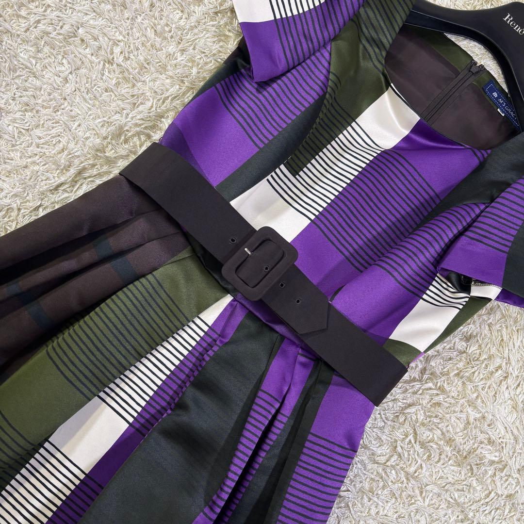 美品　エムズグレイシー　大きいサイズ　フレンチスリーブ　ベルト　膝丈ワンピース