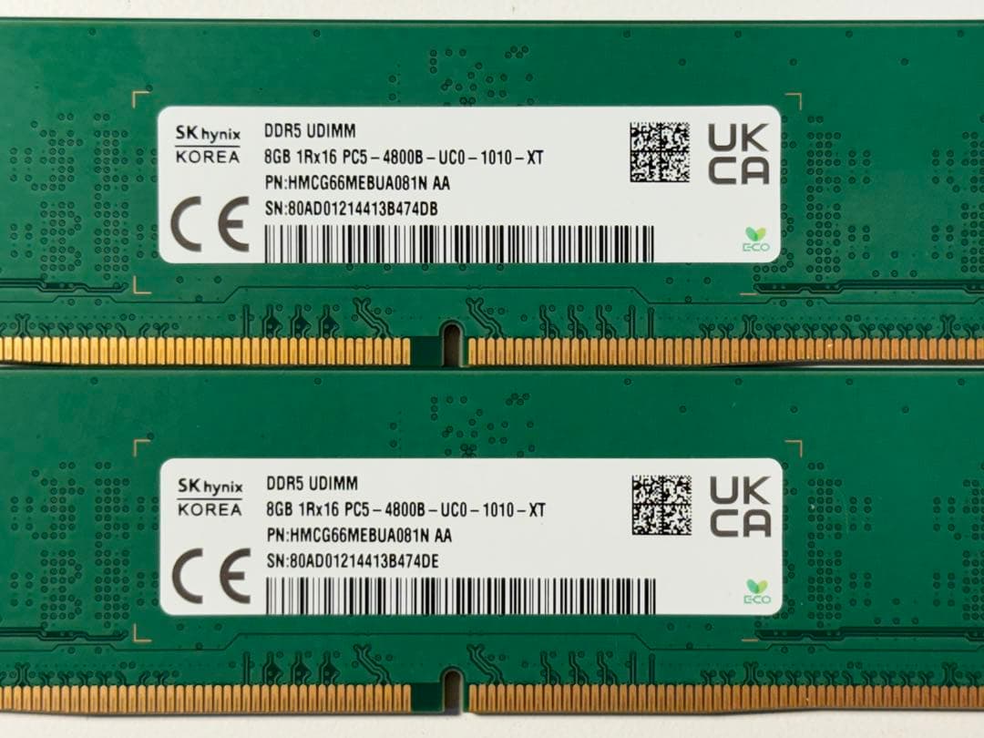 【動作確認済】DDR5 16GB(8GB 2枚) 4800MHz UDIMM