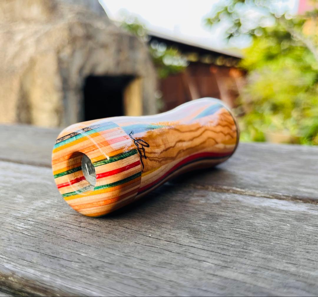 ウッドシフトノブ　オリーブウッド　スケボーリメイク　寄木　ハンドメイド