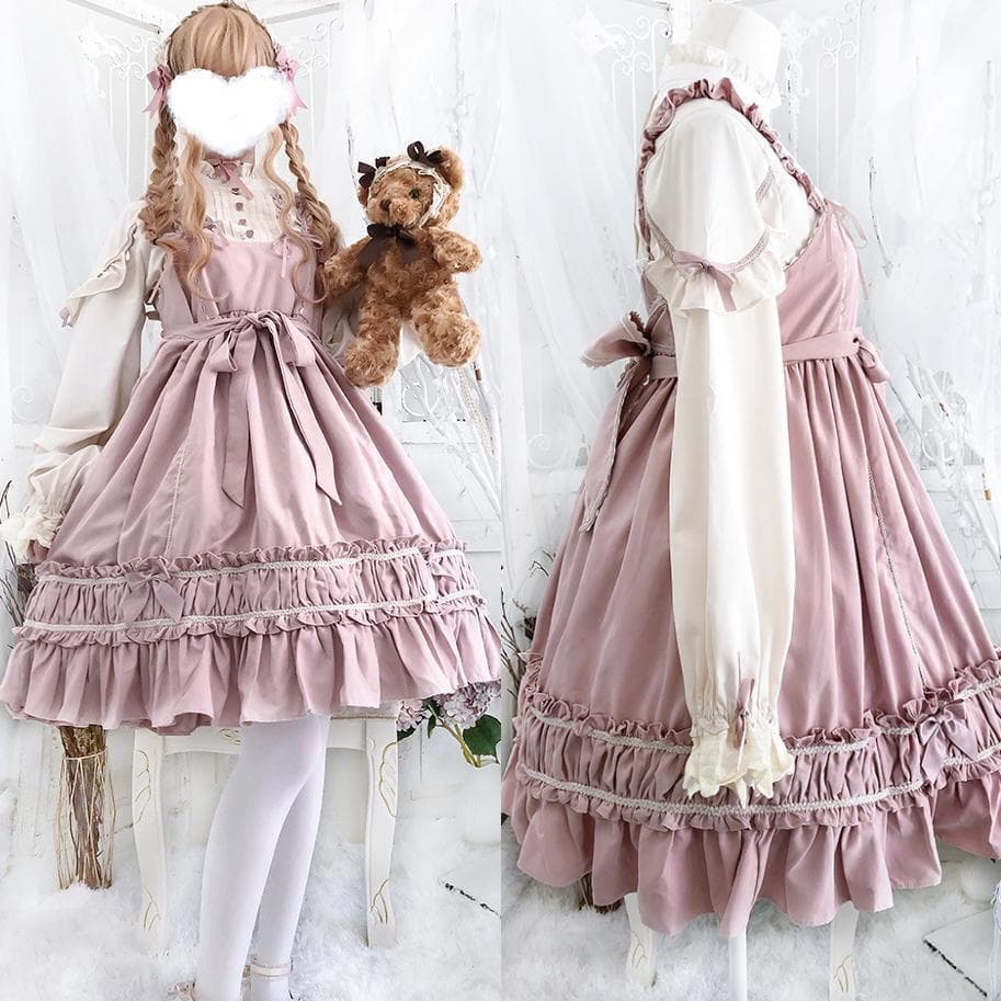 ロリータワンピース3点セット ピンク 長袖シャツ ヘッドドレス フリル リボン