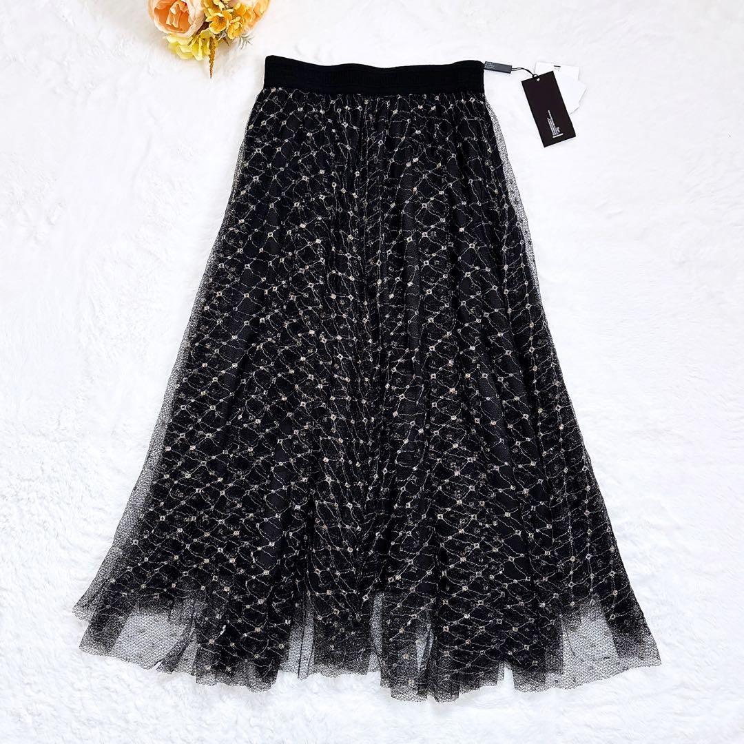 《新品》Sov. ラメ入り チュール ロングスカート グリッター フレア 黒 M