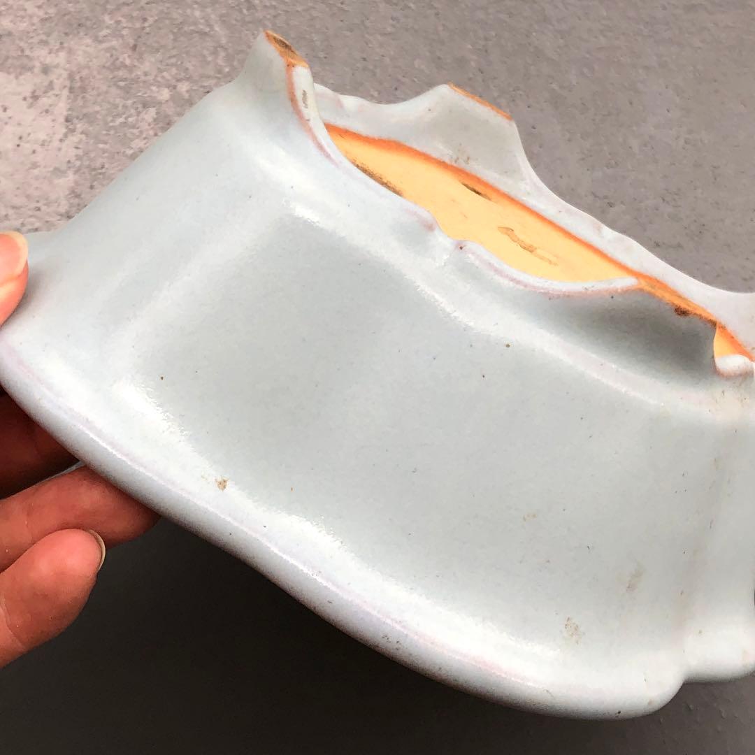 445.昭山 水蓝釉木瓜鉢 盆栽鉢 植木鉢 18.5*15.5*7cm