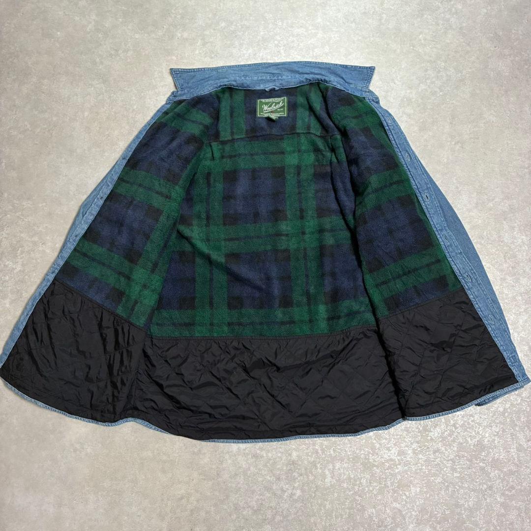 極美品 XL ウールリッチ中綿デニムシャツ 裏フリース ブラックウォッチ 90s