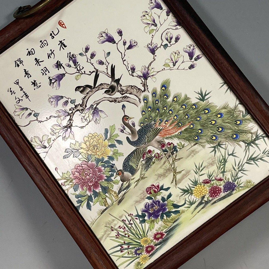 パステル色孔雀名花陶板画 掛け屏 応接間 玄関 景徳鎮陶磁器 装飾品 工芸品置物