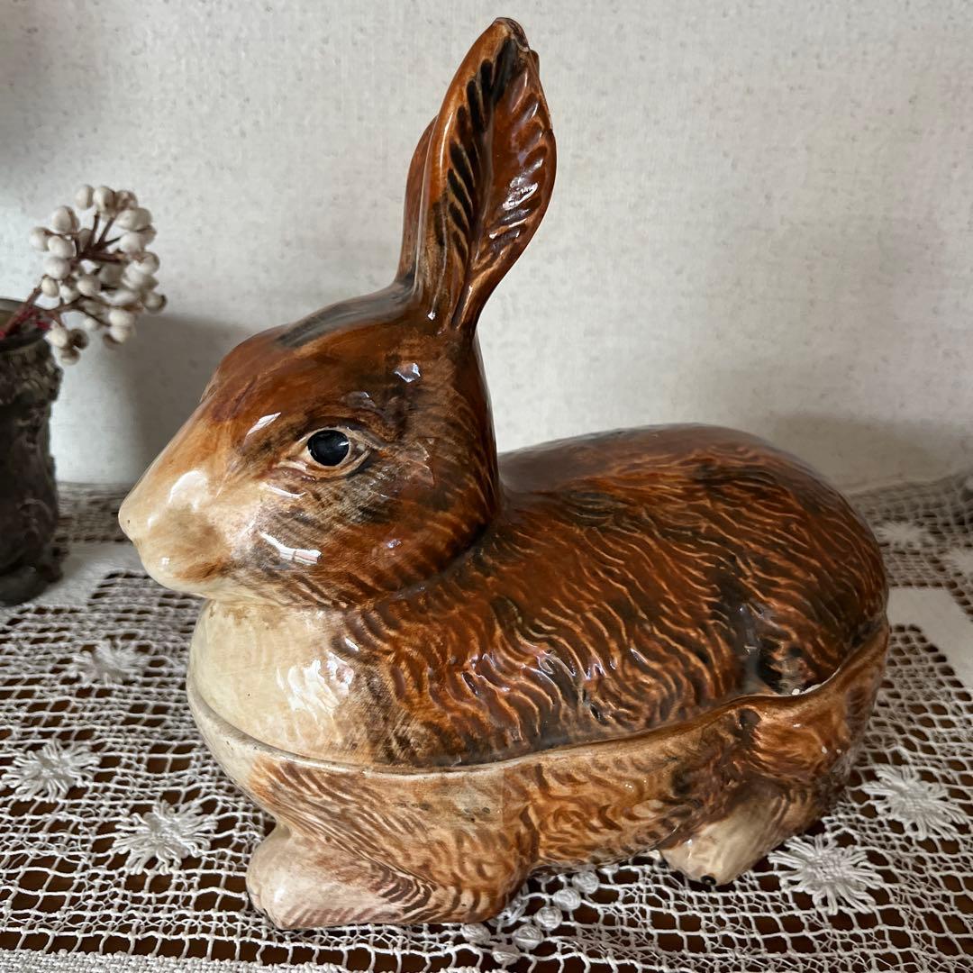 フランスアンティーク　うさぎ型テリーヌポット コーガン作 マジョリカ焼き
