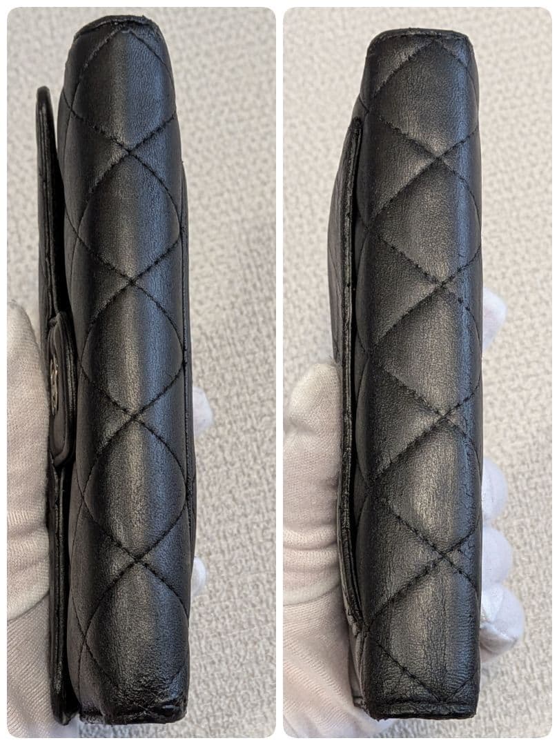 シャネル　マトラッセ　三つ折り長財布　ラムスキン　黒　チェーンショルダー