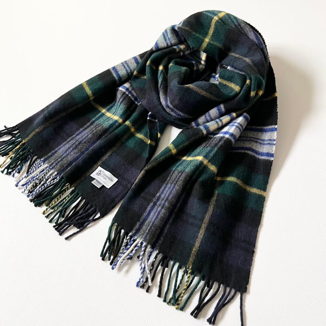 3326【美品】ジョンストンズ　大判ストール カシミヤ100％ チェック　緑