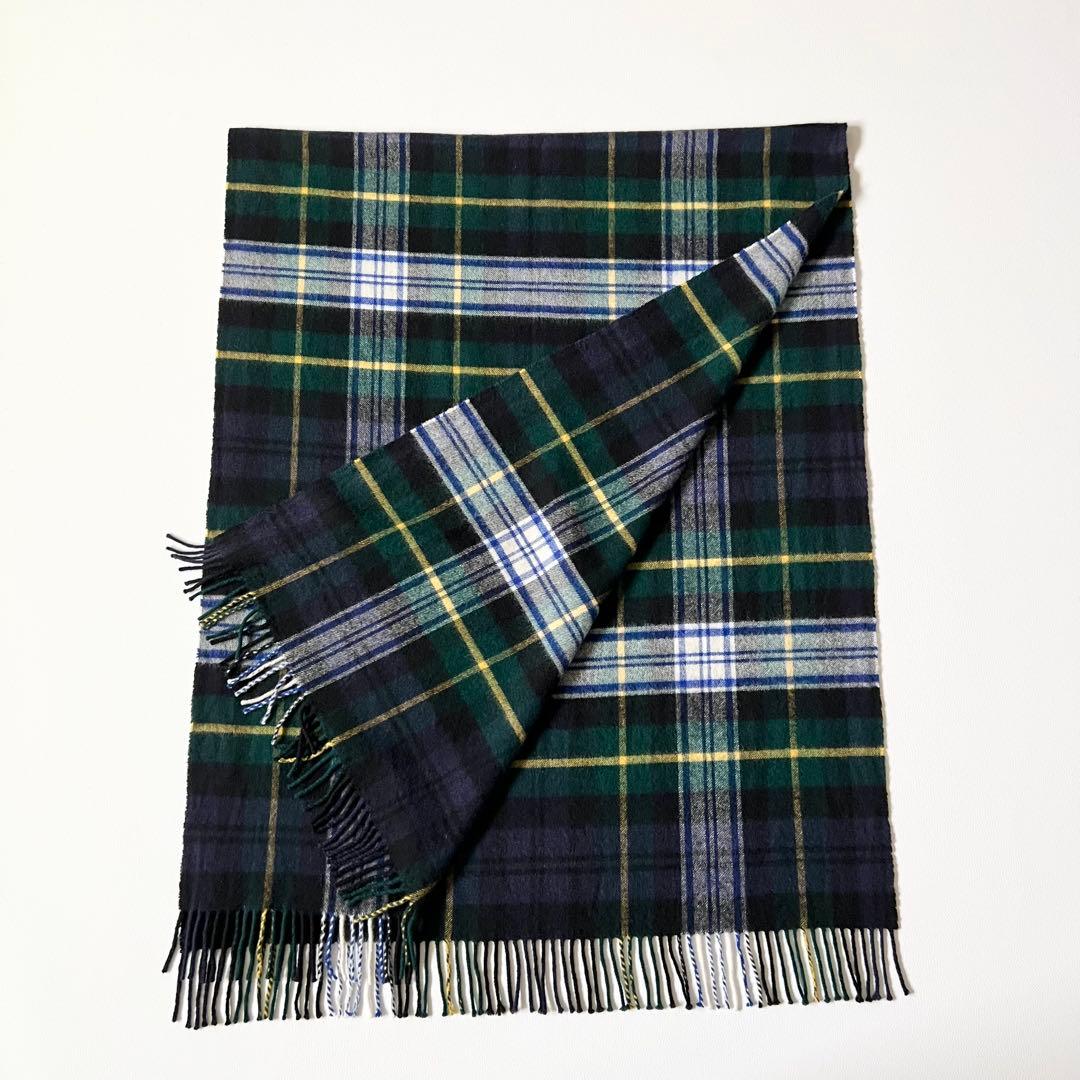 3326【美品】ジョンストンズ　大判ストール カシミヤ100％ チェック　緑