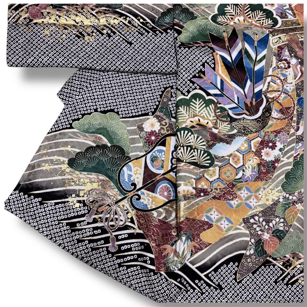 【新品】正絹 京友禅 総疋田鹿子柄 金刺繍入 本金彩 お宮参り 産着 男の子 黒