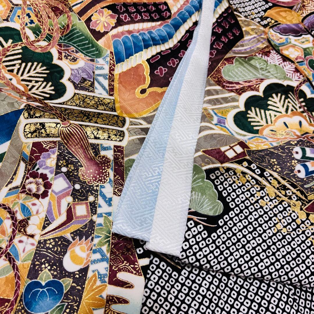 【新品】正絹 京友禅 総疋田鹿子柄 金刺繍入 本金彩 お宮参り 産着 男の子 黒