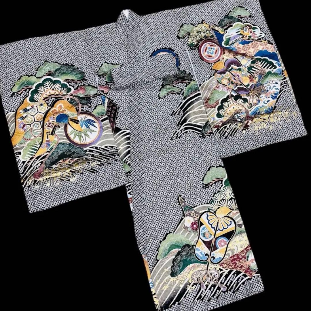 【新品】正絹 京友禅 総疋田鹿子柄 金刺繍入 本金彩 お宮参り 産着 男の子 黒