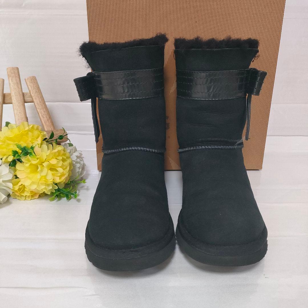 美品 アグ UGG ジョゼット レザーリボン ムートンブーツ 24cm ボア 黒