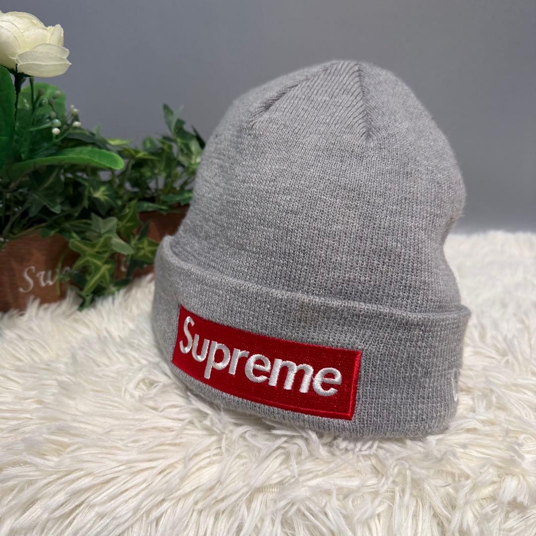 【美品】Supreme NEW ERA ニット帽 ビーニー BOXロゴ　グレー