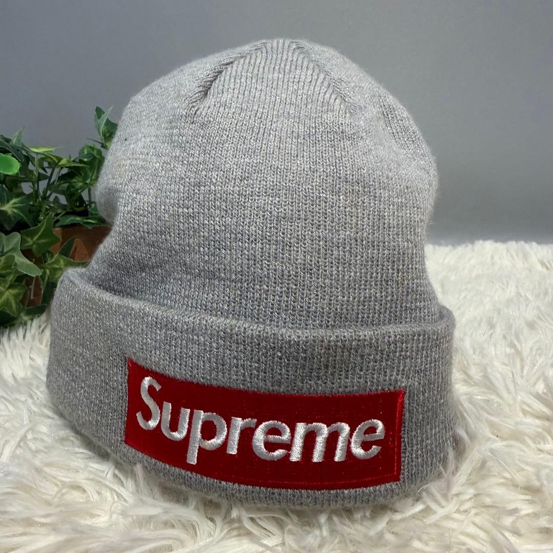 【美品】Supreme NEW ERA ニット帽 ビーニー BOXロゴ　グレー