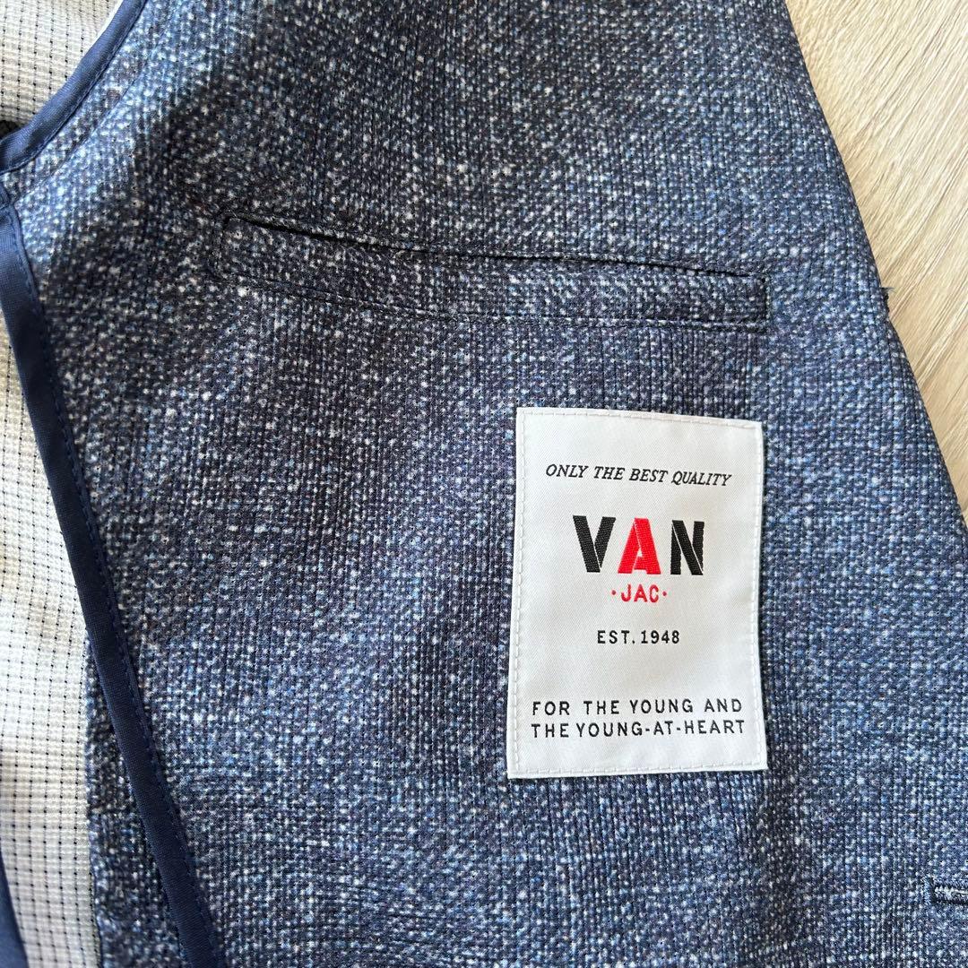 【美品】VAN ポリエステル メッシュ テーラードジャケット紺Lツイードプリント