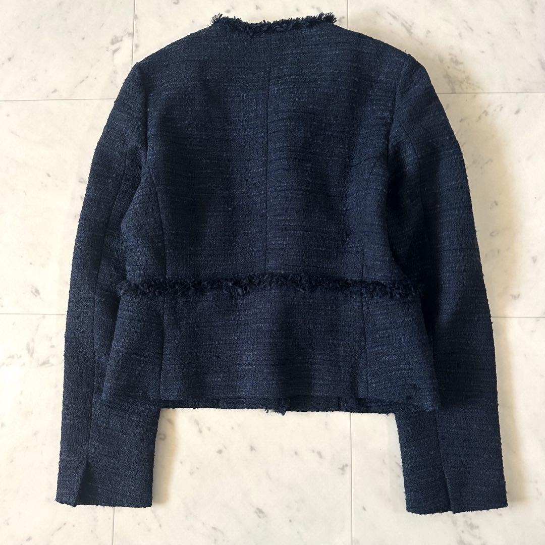 極美品♪エストネーション ミックスツイードフリンジノーカラージャケット ネイビー