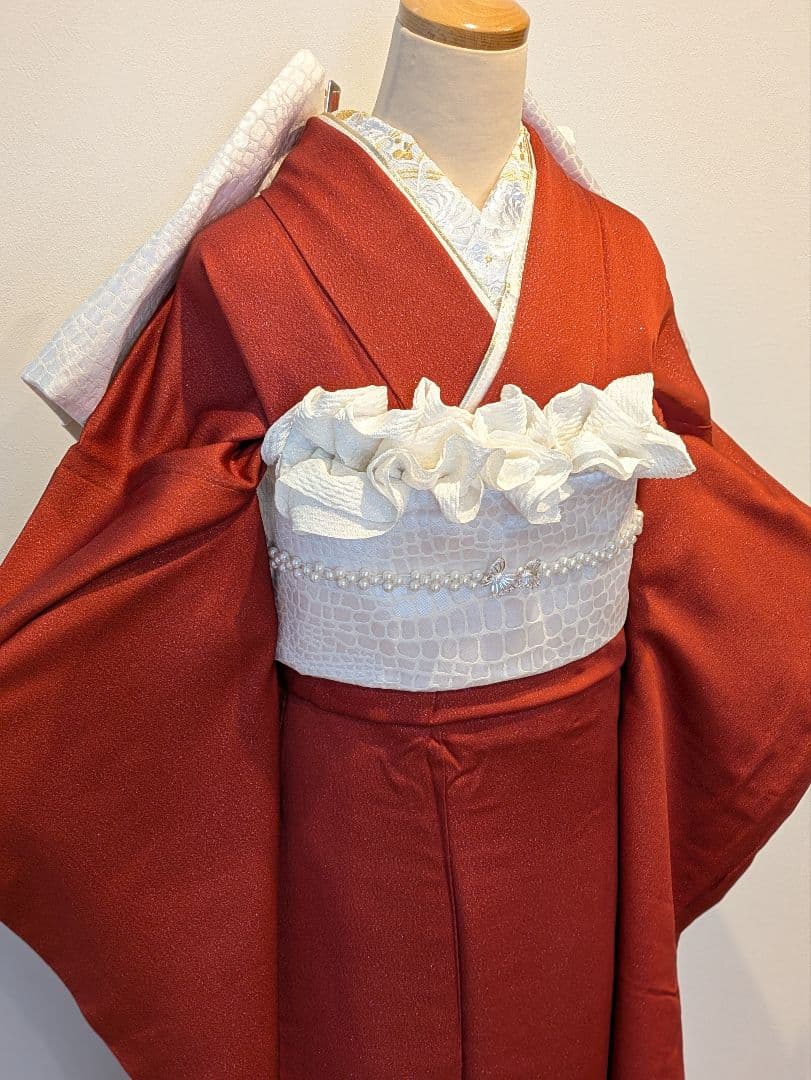 振袖フルセット 身丈167裄67.5 赤 茜色 色無地振袖 逸品 成人式