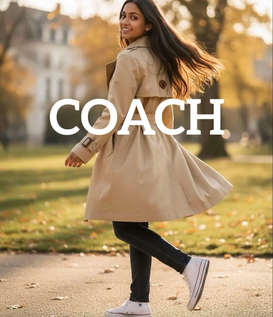 美品✨COACH コーチ トレンチコート ミディアム丈 ベージュ 背部 革 ロゴ