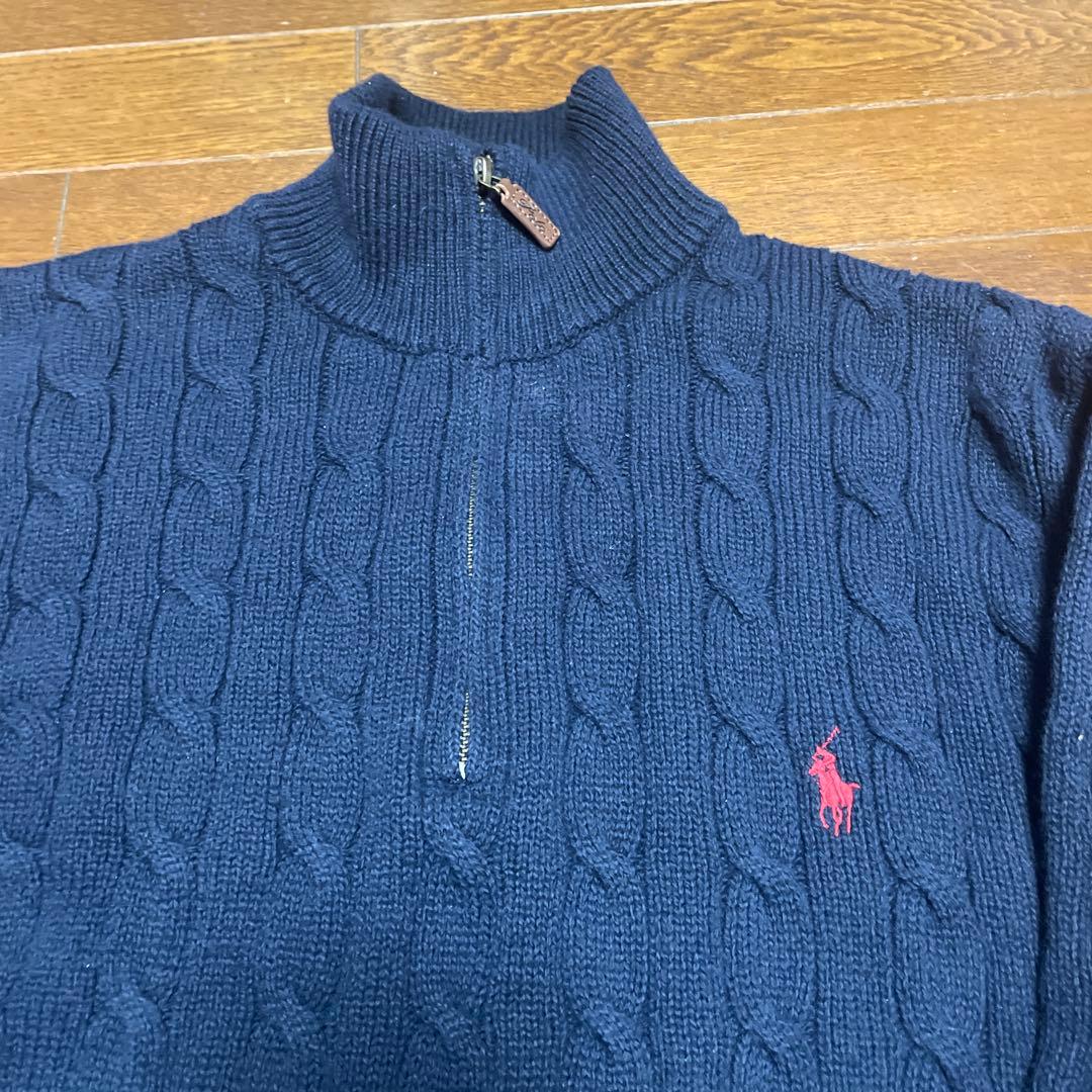 正規品　ポロラルフローレン　ハーフジップ　ネイビーケーブルニットＬ　コットン